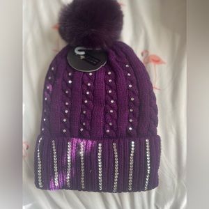 Purple warm winter hat with rhinestones and fur lining
